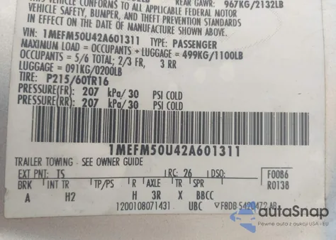 2002 Mercury Sable Gs/Gs Plus из США, поврежденный, VIN 1MEFM50U42A601311